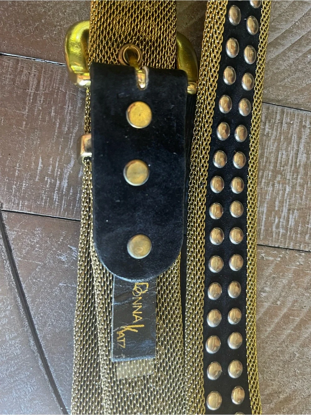 Donna Katz vintage Black and Gold Studded Women's Belt with Gold Buckle 40”